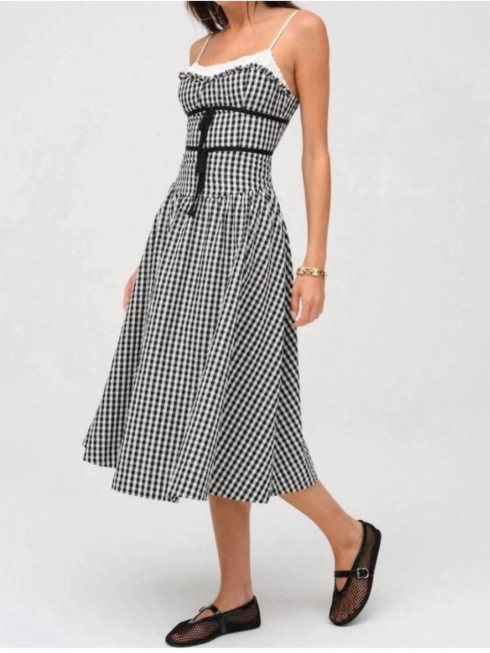 FOR LOVE & LEMONS Georgia Gingham Midi Dress in Black Large‎